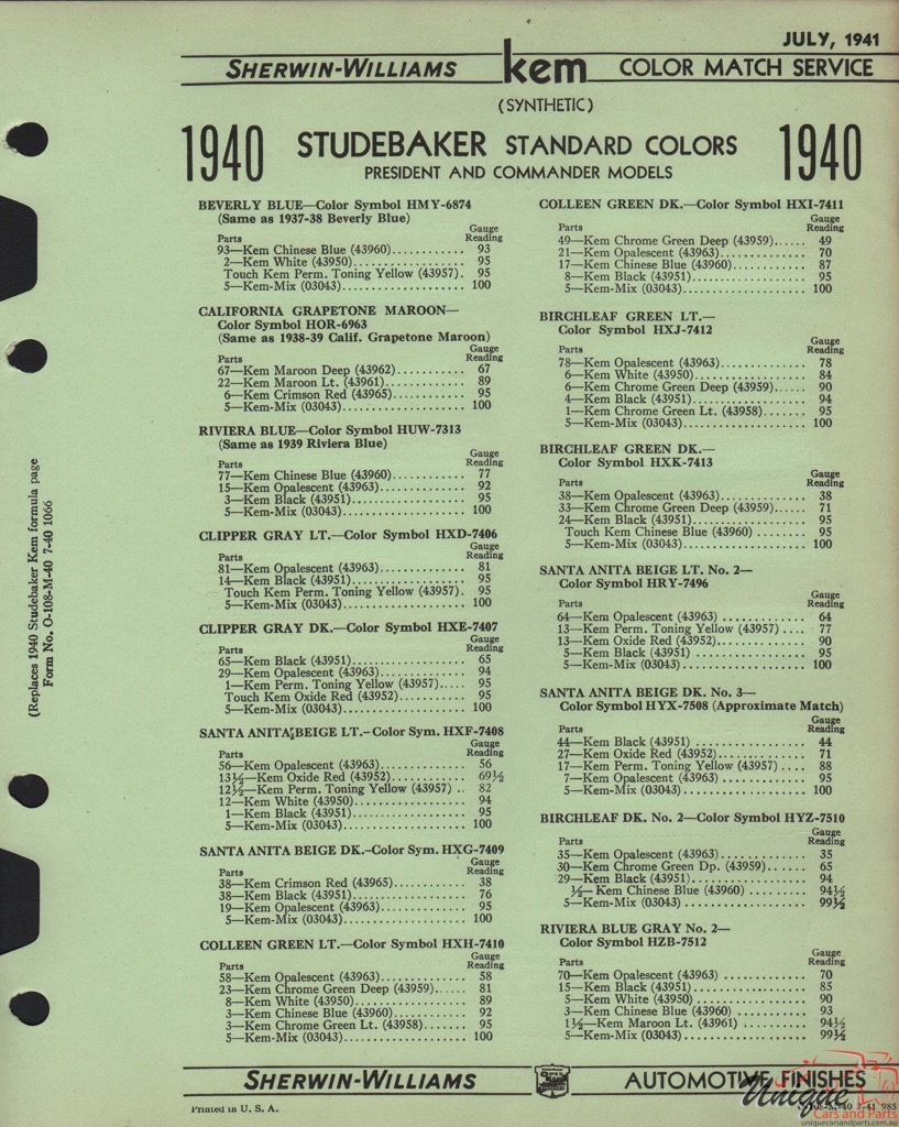 1940 Studebaker Paint Charts Williams 5